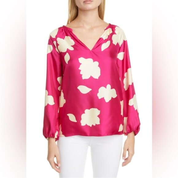 Theory Dark Pink Magenta Open V-Neck Top in Petal Print Silk Size Small - Picture 4 of 9